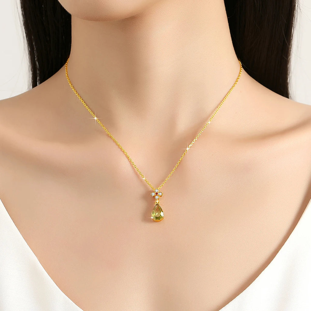 Real 18K Gold AU750 Necklaces Water Drop Natural Peridot Hollow-Out Pendant for Women Birthday Party Hypoallergenic Jewelry Gift