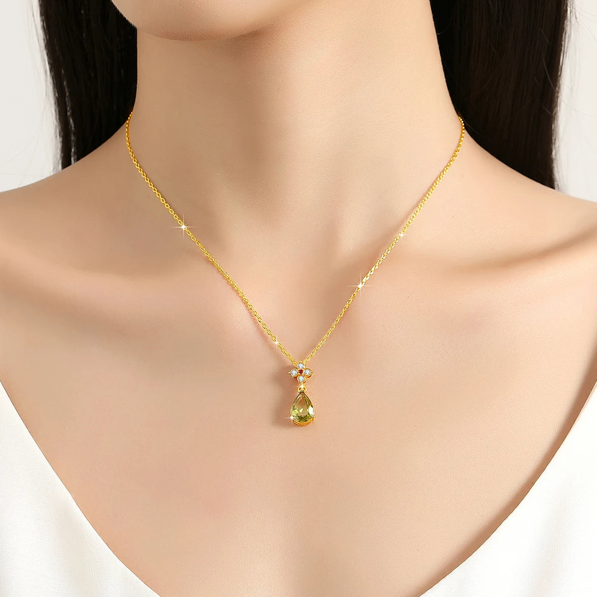 Real 18K Gold AU750 Necklaces Water Drop Natural Peridot Hollow-Out Pendant for Women Birthday Party Hypoallergenic Jewelry Gift