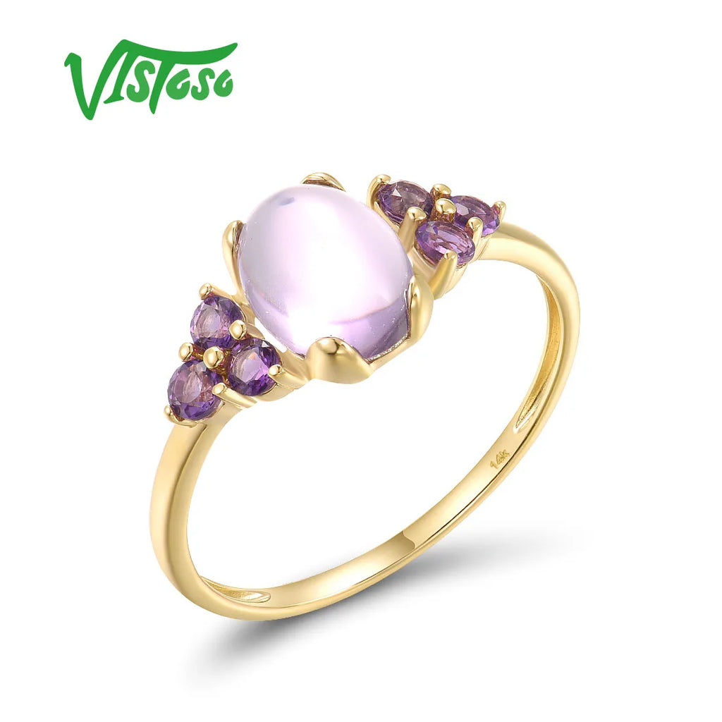 VISTOSO Authentic 14K 585 Yellow Gold Rings For Women Genuine Amethyst Solitaire Pink Engagement Wedding Delicate Fine Jewelry