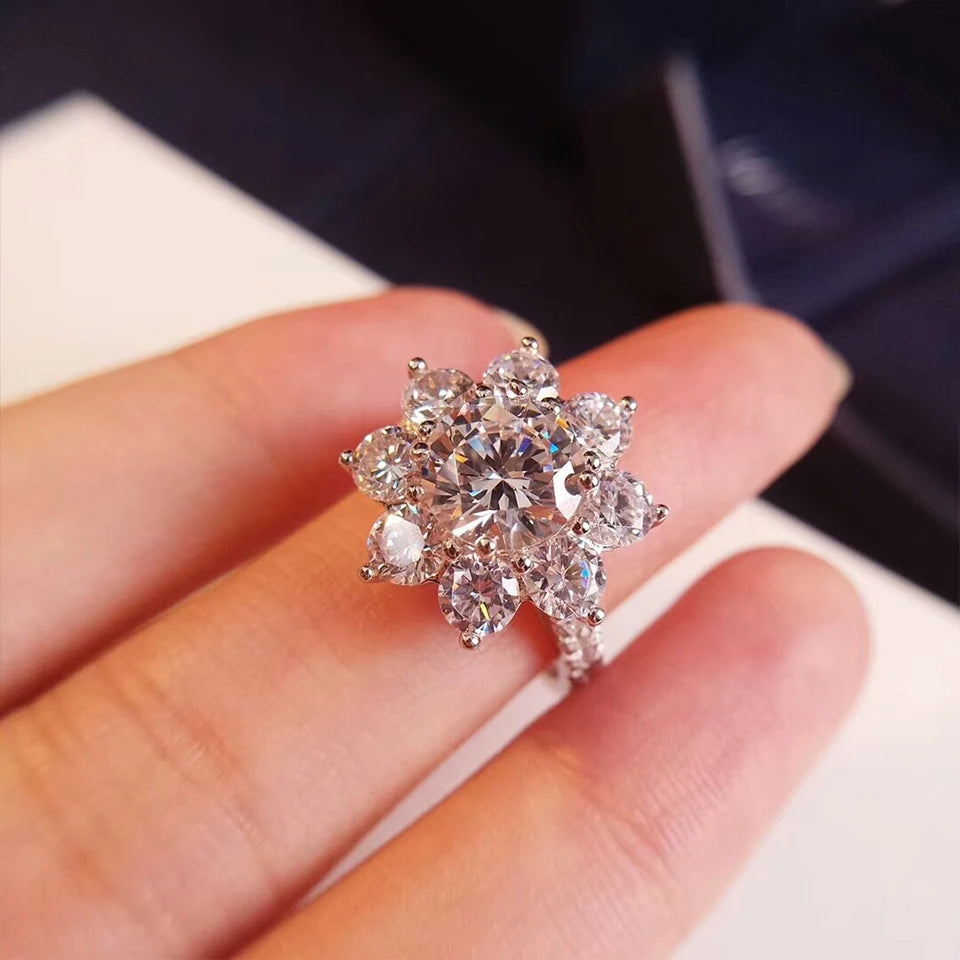 2 Carat Sunflower Real Moissanite Engagement Rings For Women 925 Sterling Silver 18K White Gold Plated Wedding Band with GRA
