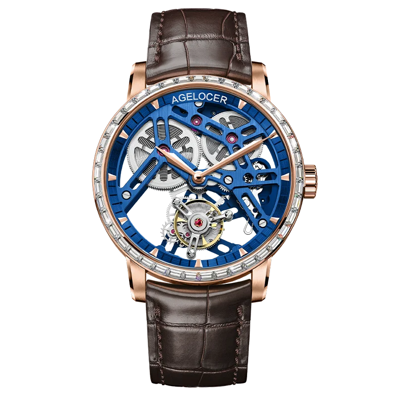 AGELOCER Original Tourbillon Watch Fashion Men's Business Formal Luxury Skeleton Manual Mechanical Watch Birthday Gift for Men