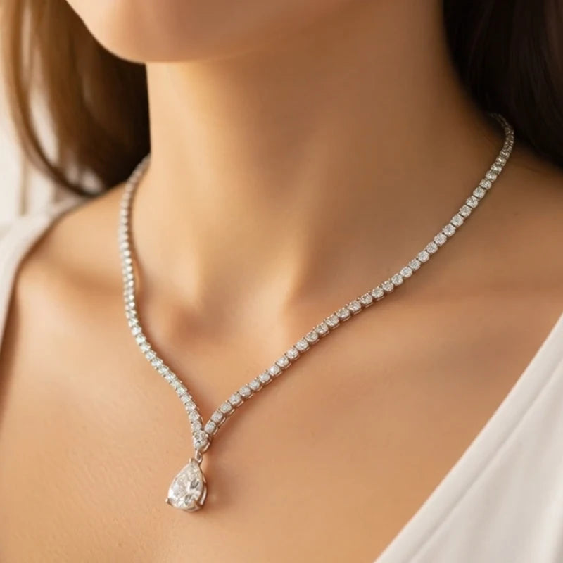 EWYA Luxury Pear Cut Full D Color Moissanite Tennis Neck Chain Woman s925 Silver All Lab Diamond Party Bridal Necklaces Gift