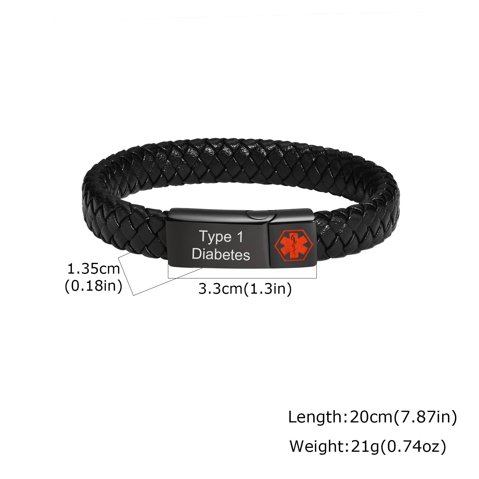Red Medical Men's Bracelet,Black Genuine Leather ID Bracelet,Type 1/2 Diabetes Alzheimer Epilepsy Customize Bracelet for Dad
