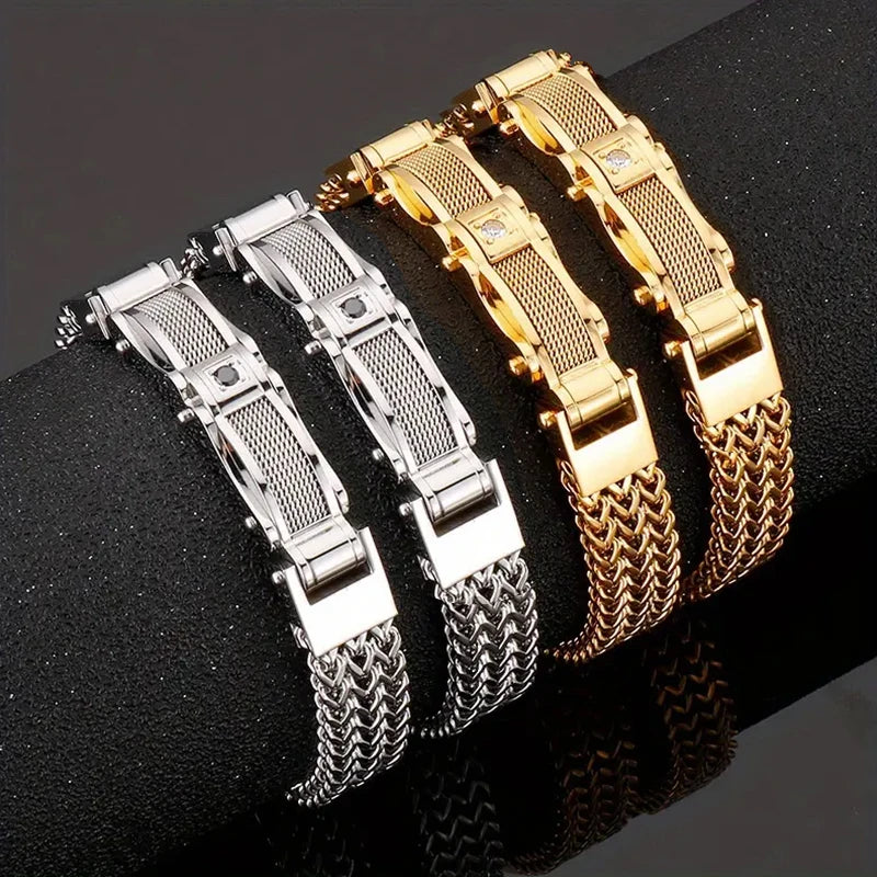 Stainless Steel Bracelet for Men 21CM Square Chain With CZ & Magnet Clasp Bracelets Street Style Fashion Quality Jewelry Gifts