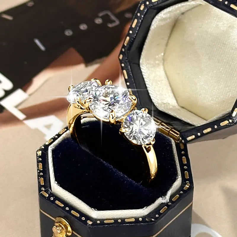 IOGOU 14k Gold Filled Three Stone Ring 8mm&6.5mm D Color Round Moissanite Certified Engagement Wedding Jewelry for Women Rings