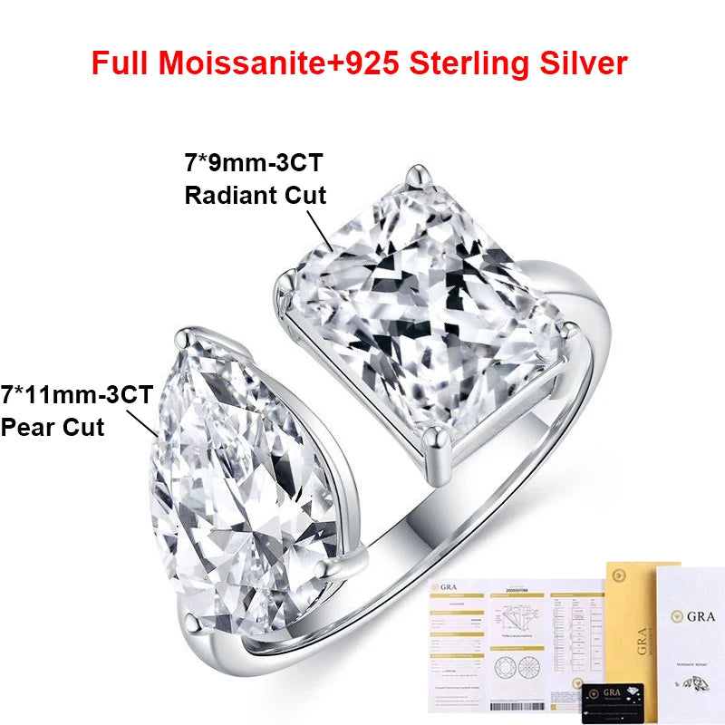 BXINY 6cttw Moissanite Rings S925 Silver Pear/Emerald/Radiant Cut 2-Stone Open Wedding Band for Women Gift Jewelry GRA Certified