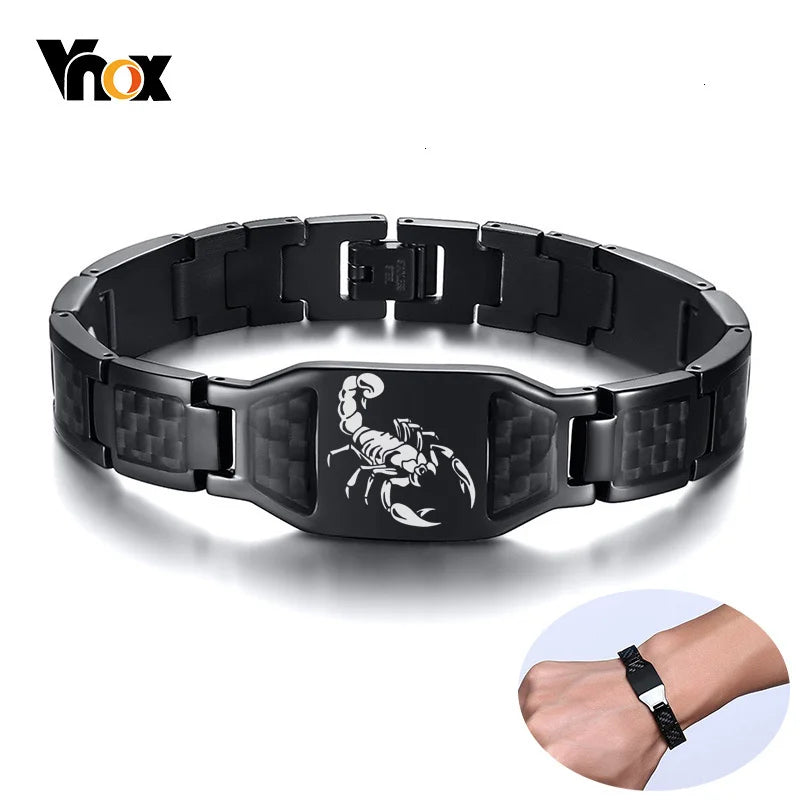 Vnox Personalize Mens Stylish Scorpion Cross Shield Images Chain Bracelets with Unique Carbon Fiber Custom Jewelry Gifts for Him