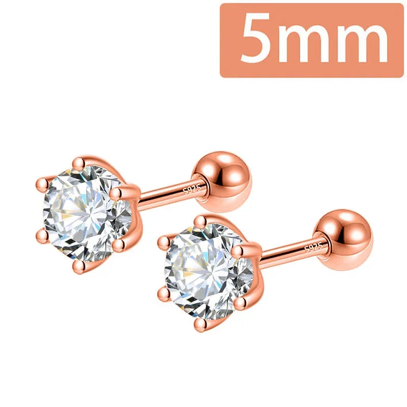 Trustdavis Real 925 Silver Fashion Gold Six Claw 3/4/5mm CZ Screw Stud Earrings for Women Daily Wear Fine Jewelry Gift DA2712