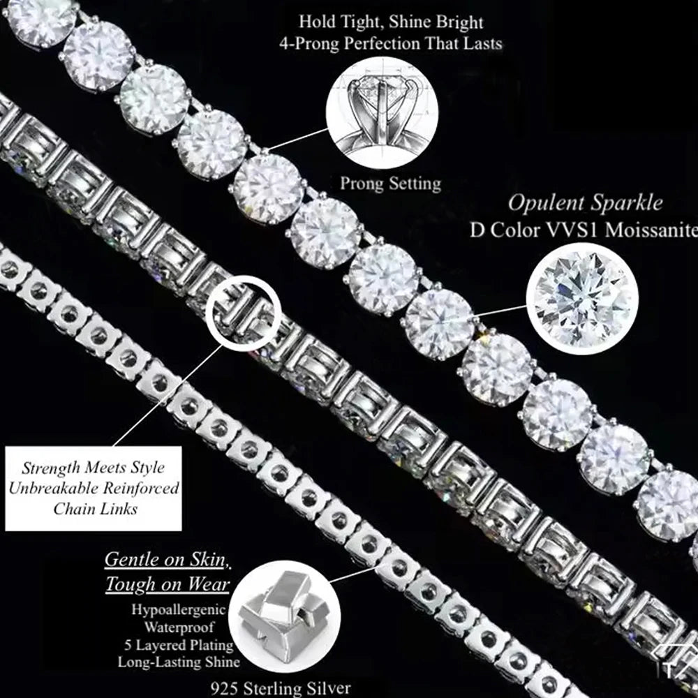 2-8mm D VVS1 Moissanite Tennis Bracelet For Women Men Sparkling Diamond GRA 925 Sterling Silver Plated 18k White Gold Bracelets