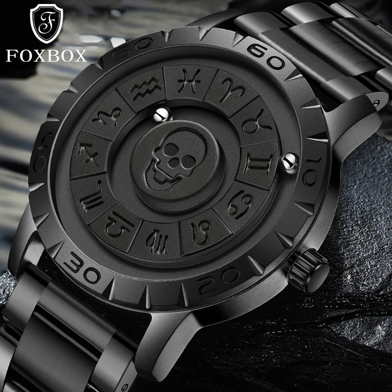 FOXOBOX New Original Luxury Skull Scrolling Pointer Magnetic Force Watch Men Military Sport Waterproof Quartz Wristwatch Clock
