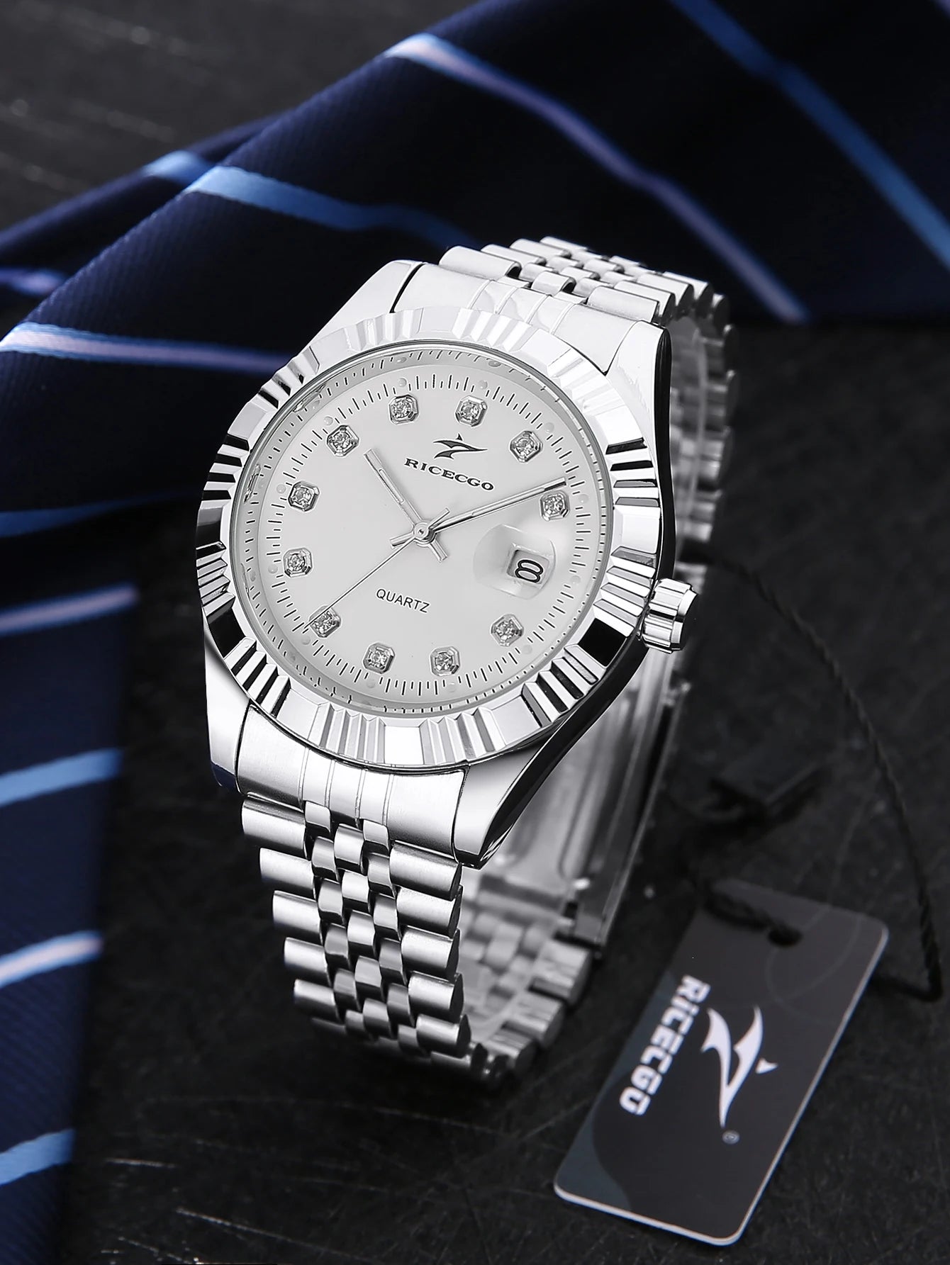 Business men's quartz wristwatch calendar display with diamonds showcases unique taste, making it the perfect gift for him