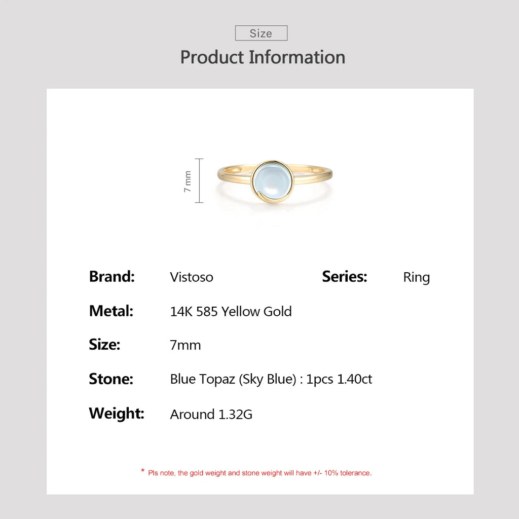 VISTOSO Pure 14K 585 Yellow Gold Rings For Women Genuine Sky Blue Topaz Solitaire Classsic Delicate Round Wedding Fine Jewelry