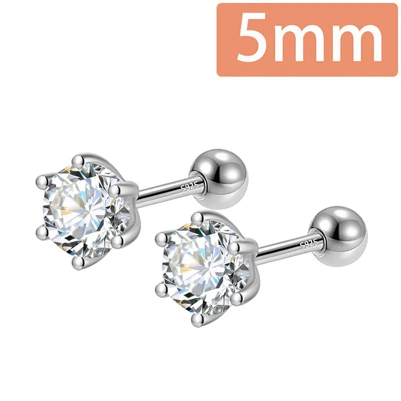 Trustdavis Real 925 Silver Fashion Gold Six Claw 3/4/5mm CZ Screw Stud Earrings for Women Daily Wear Fine Jewelry Gift DA2712