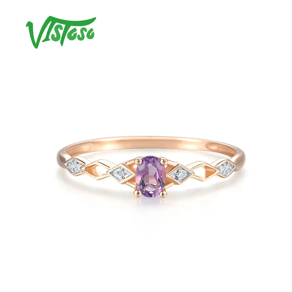 VISTOSO Genuine 14K 585 Rose Gold Ring For Women Sparkling Diamond Charming Amethyst Wedding Engagement Delicate Fine Jewelry