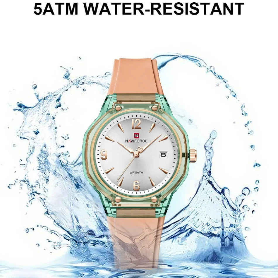 NAVIFORCE Fashion Waterproof Ladies Watch with Luminous Pointer Display Fashionable Silicone Strap Night Glow Women's Watches