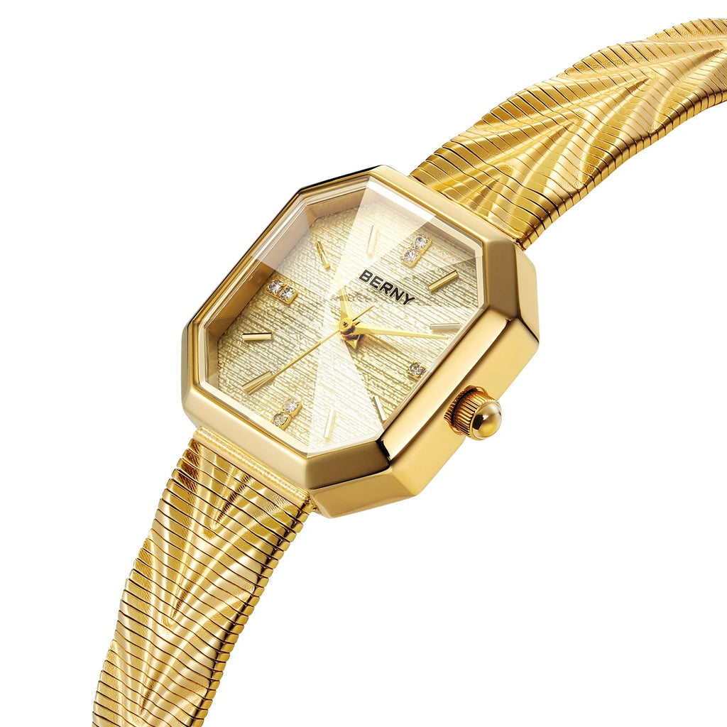 BERNY Gold Watch for Women Grit Dial Octagonal Ladies Quartz Wristwatch Stainless Steel Women Small Golden Watch Luxury Watches