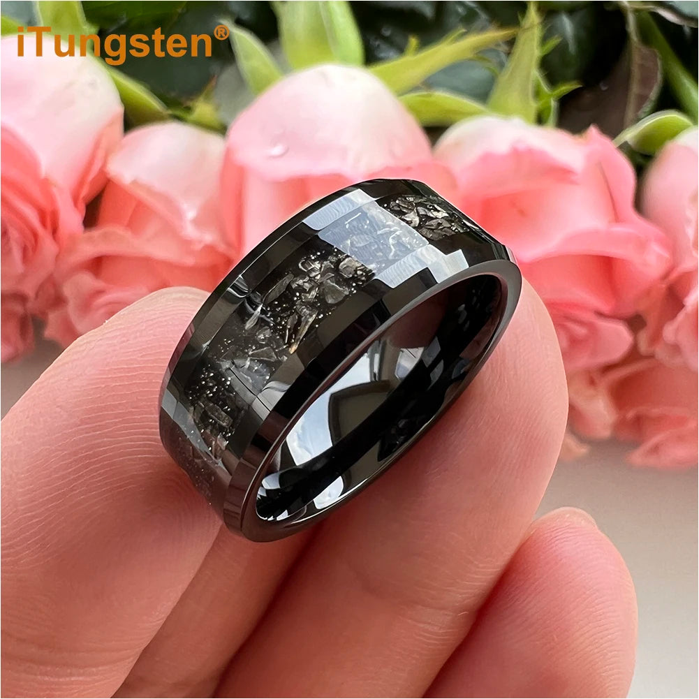 iTungsten 6mm 8mm Silver/Black Tungsten Promise Rings for Men Women Meteorite Shavings Inlay Fashion Engagement Wedding Bands