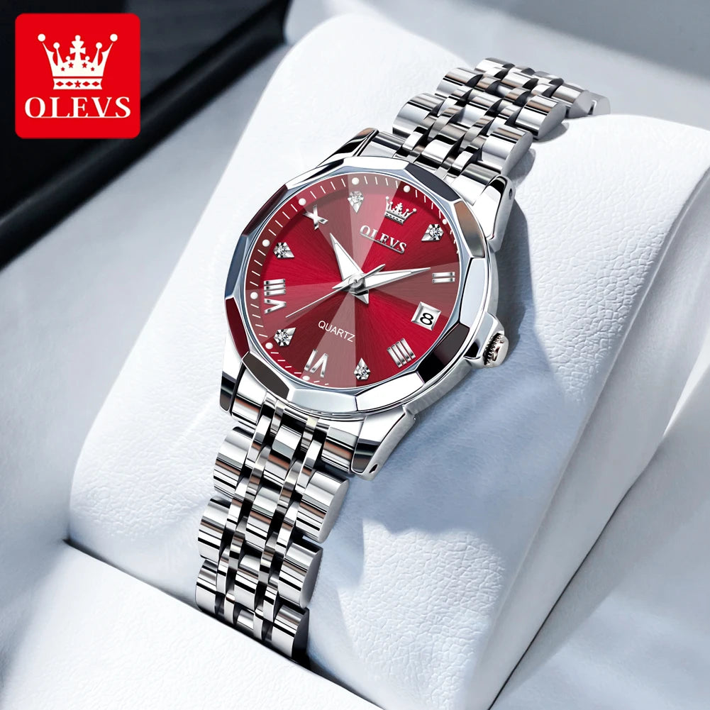 OLEVS Women Watches Elegant Luxury Stainless Steel Strap Original Quartz Wristwatch for Man Waterproof Luminous Date Trend Dress