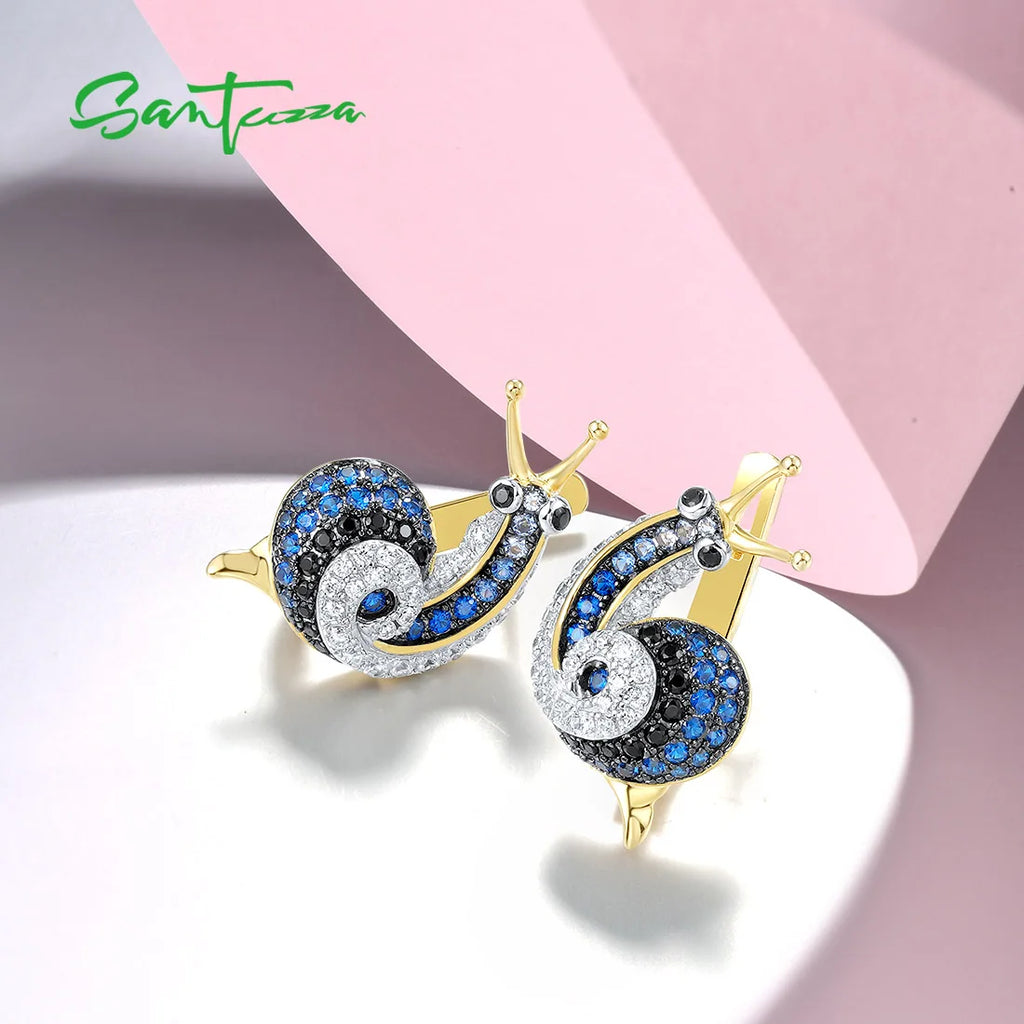 SANTUZZA Pure 925 Sterling Silver Earrings For Women Sparkling Blue Black Spinel Lovely Snail Latch Back Chic Gifts Fine Jewelry