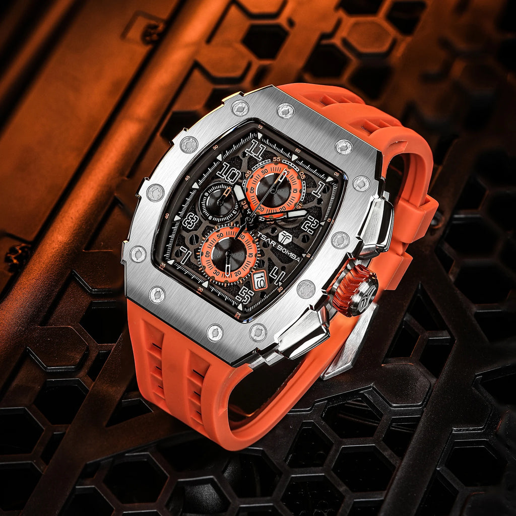 TSAR BOMBA Luxury Tonneau Quartz Watch for Men Japanese Movement, Stainless Steel Case,  Elegant Dress Wristwatch