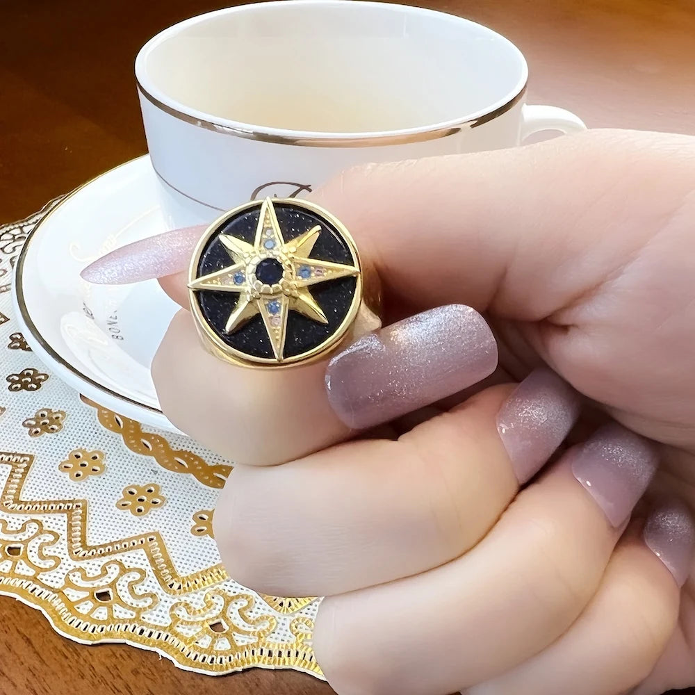 Golden Royalty Star With Stones Ring Europe Fine Jewerly For Women Autumn Lucky Gift In 925 Sterling Silver