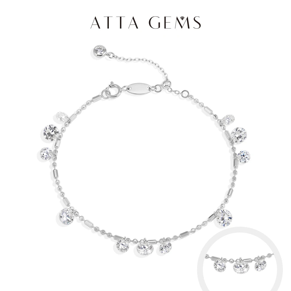 ATTAGEMS Round Cut Drilled Moissanite Bracelets Women S925 Silver Adjustable Beaded Chain Everyday Stackable Jewelry Party Gifts