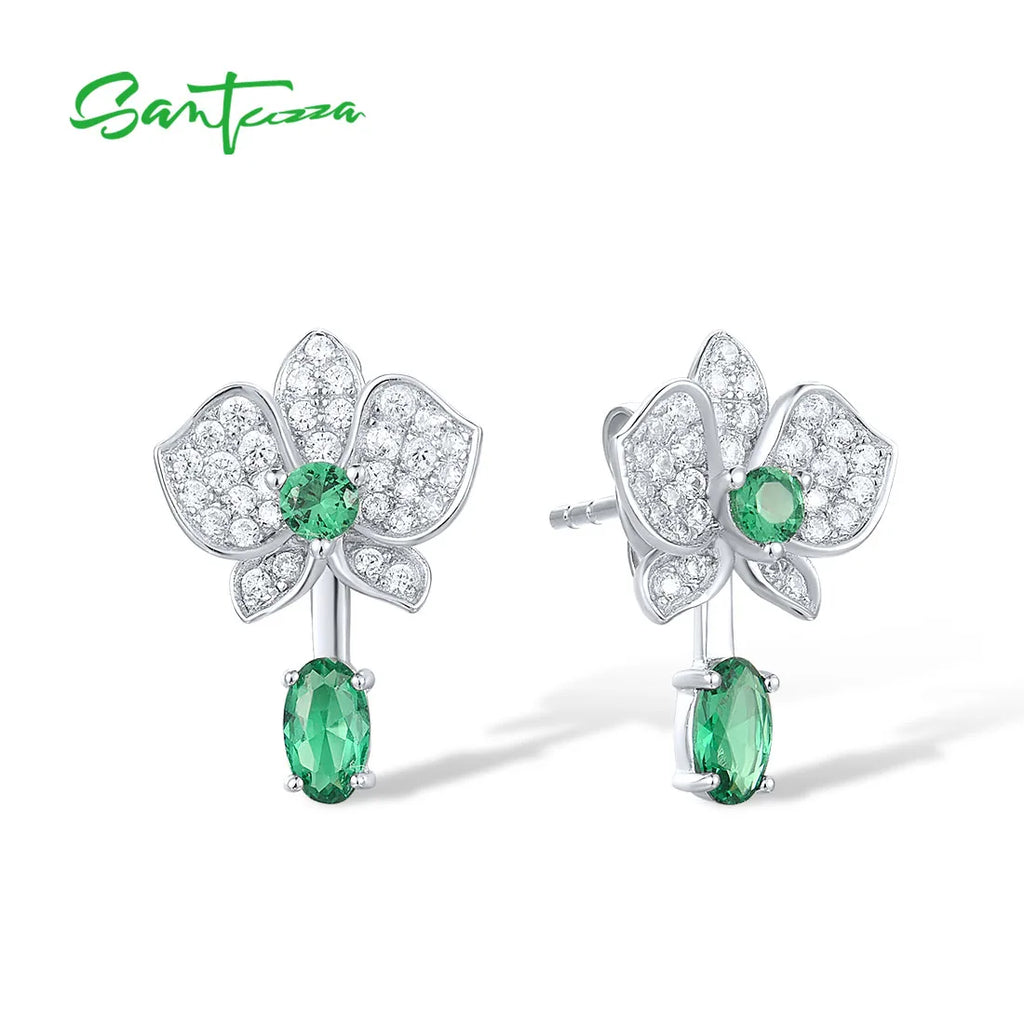 SANTUZZA Real 925 Sterling Silver Stud Earrings For Women Sparkling White CZ Green Spinel Flower Dangling Delicate Fine Jewelry