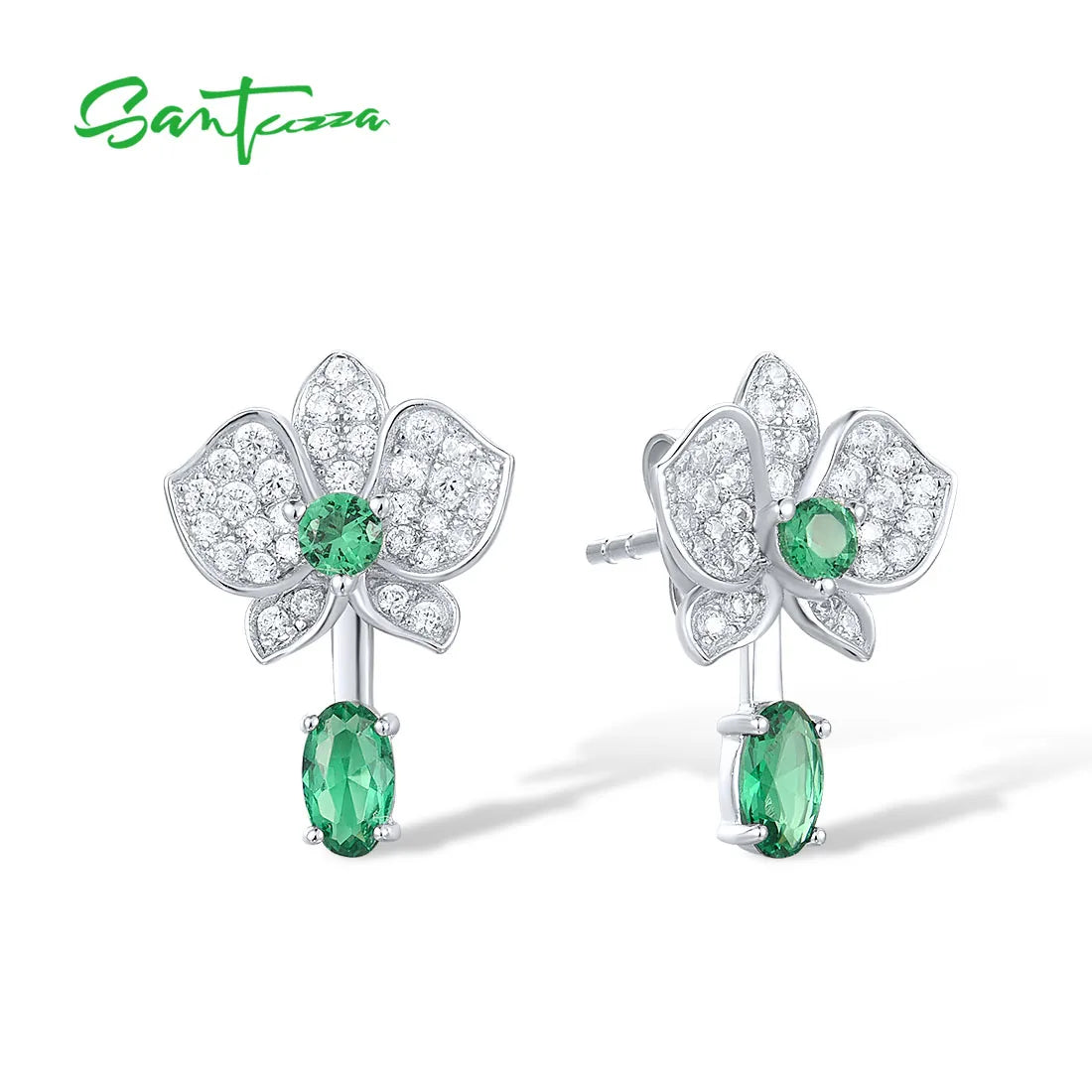 SANTUZZA Real 925 Sterling Silver Stud Earrings For Women Sparkling White CZ Green Spinel Flower Dangling Delicate Fine Jewelry