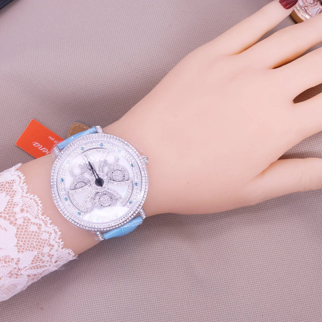 Davena Lady Women's Watch Spin Crystal Rhinestones Hours Fashion Real Leather Bracelet Luxury Girl's Birthday Gift Box