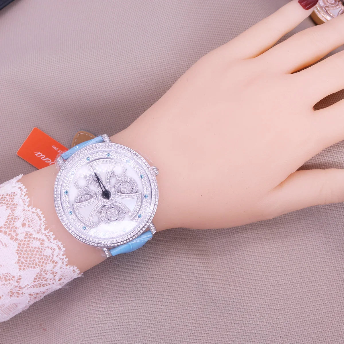 Davena Lady Women's Watch Spin Crystal Rhinestones Hours Fashion Real Leather Bracelet Luxury Girl's Birthday Gift Box
