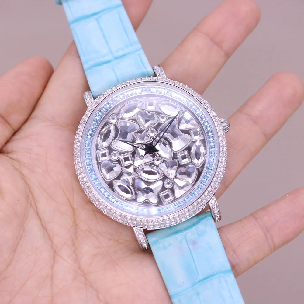Davena Lady Women's Watch Spin Crystal Rhinestones Hours Fashion Real Leather Bracelet Luxury Girl's Birthday Gift Box
