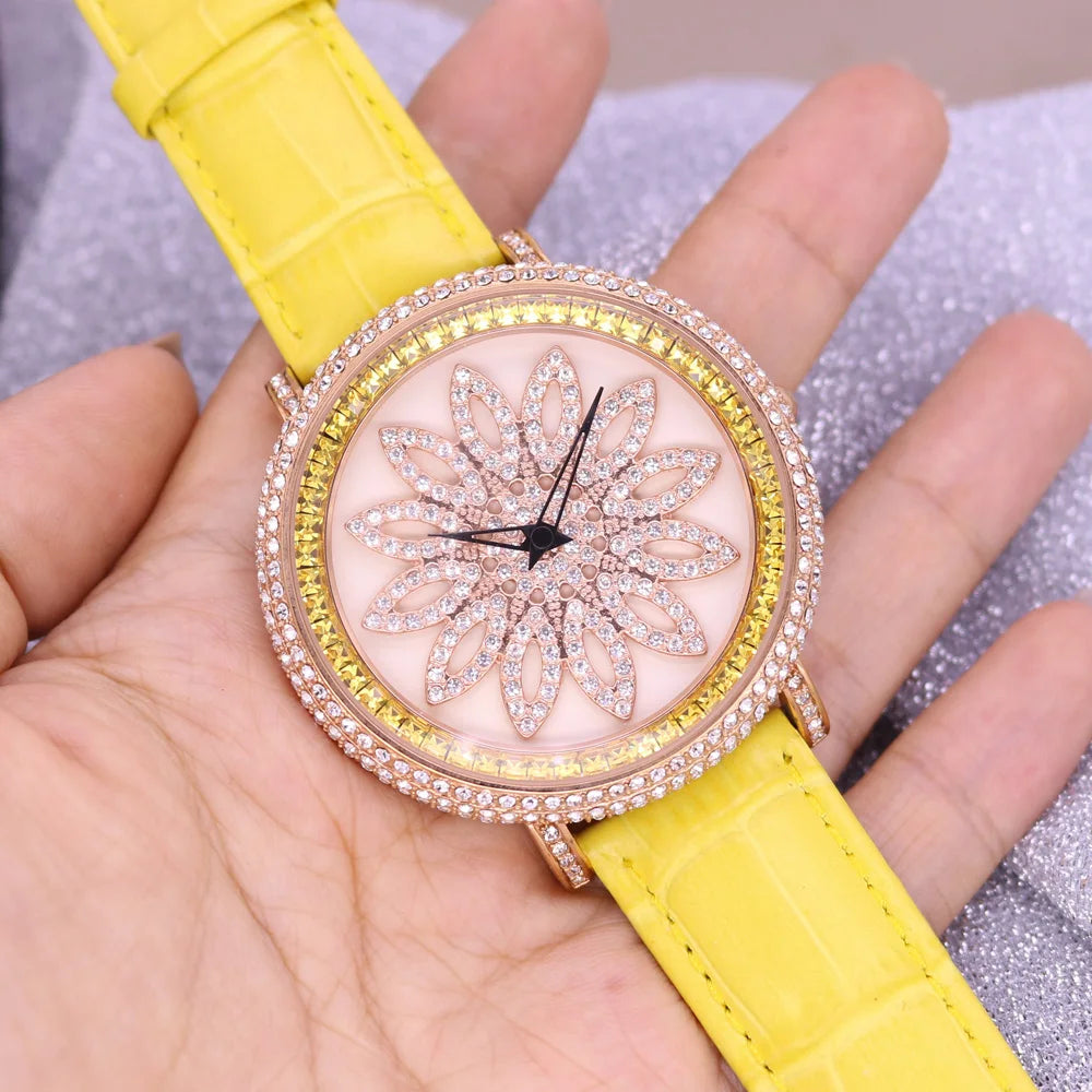 Davena Lady Women's Watch Spin Crystal Rhinestones Hours Fashion Real Leather Bracelet Luxury Girl's Birthday Gift Box
