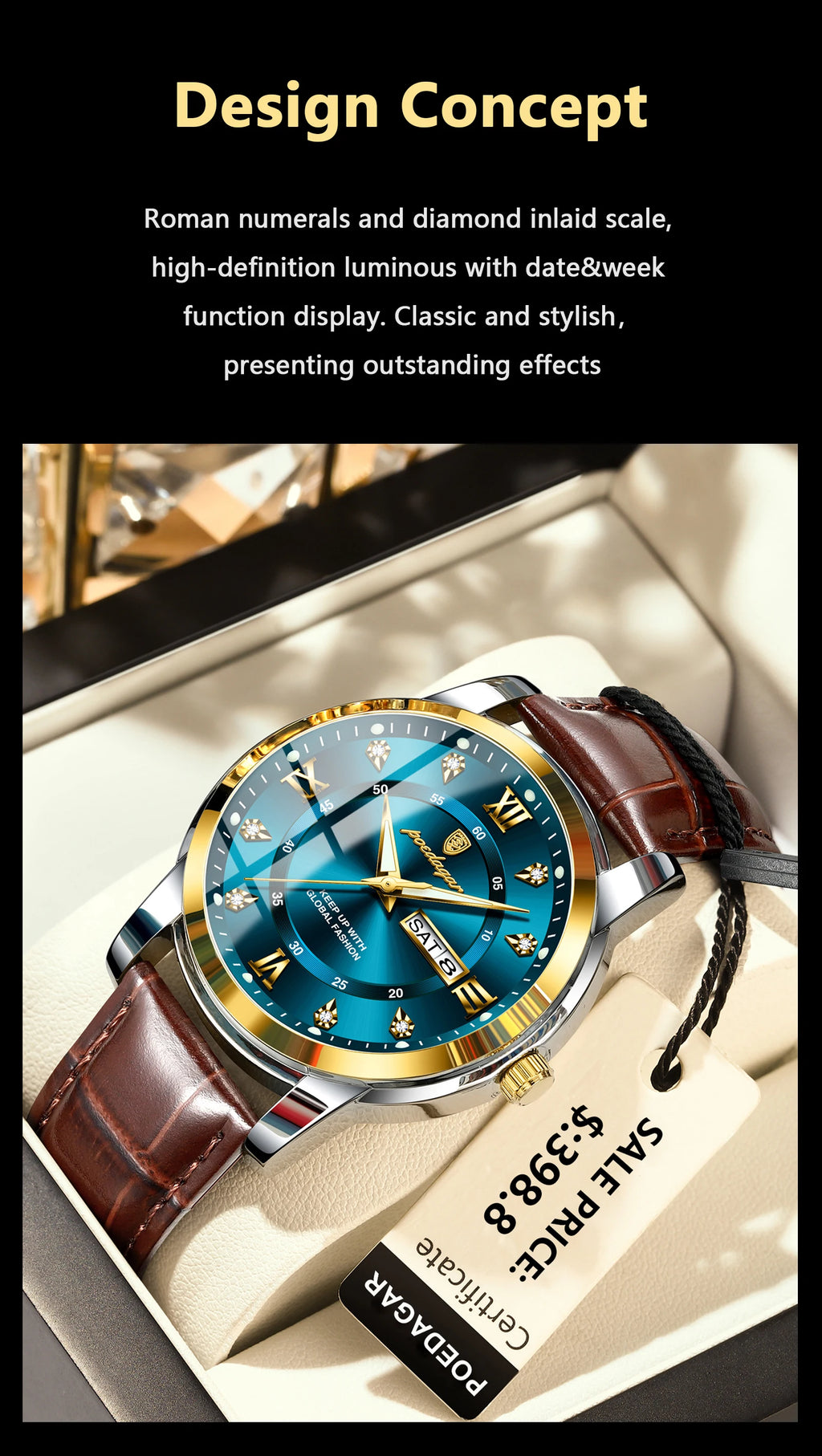 POEDAGAR Top Luxury Man Watch Date Week Waterproof Luminous Leather Men Wristwatch Casual Male Clock Sports Men's Quartz Watches