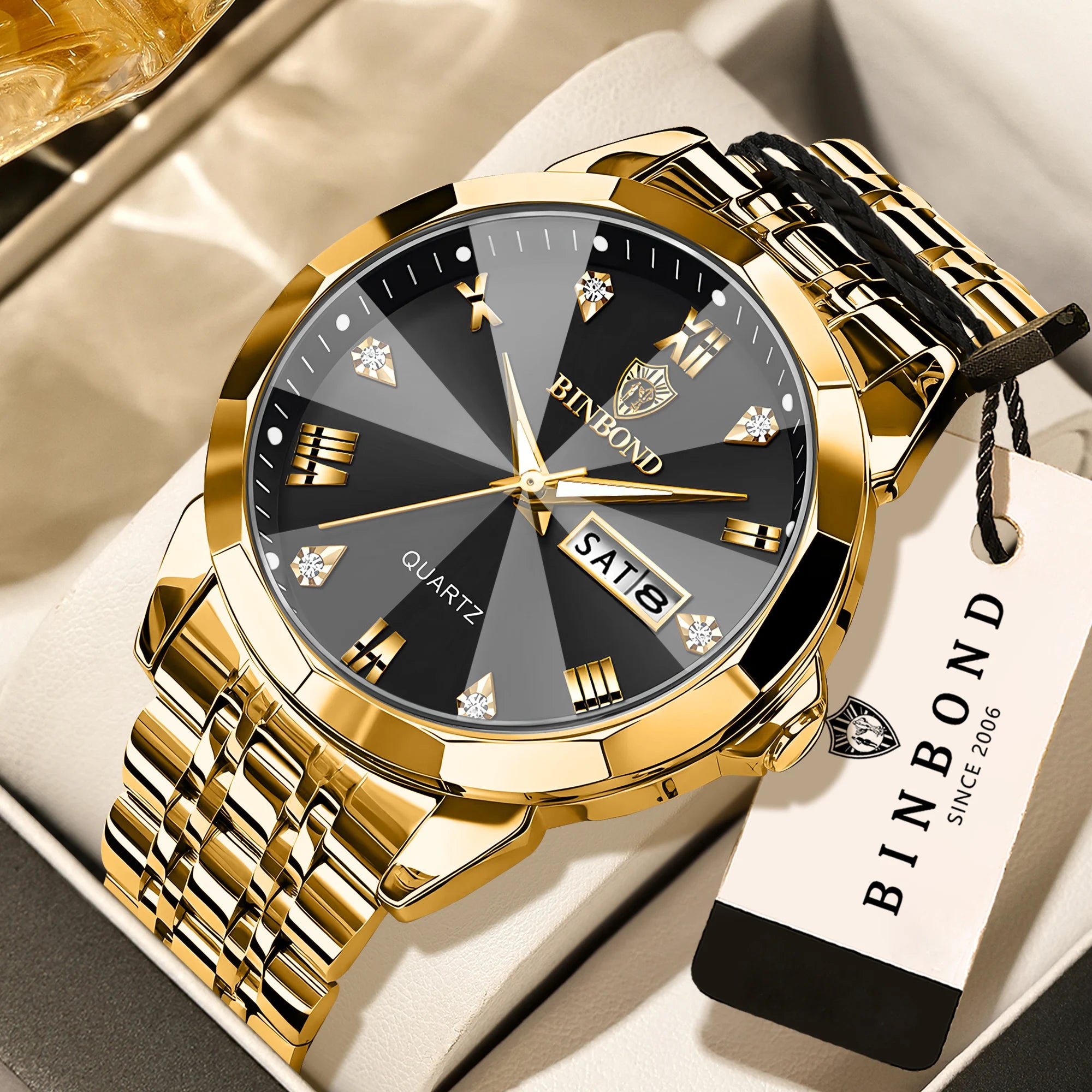 BINBOND Taper Glass Luxury Quartz Wristwatches For Men Luminous Waterproof Precise Durable men's Watch Stainless Steel Reloj
