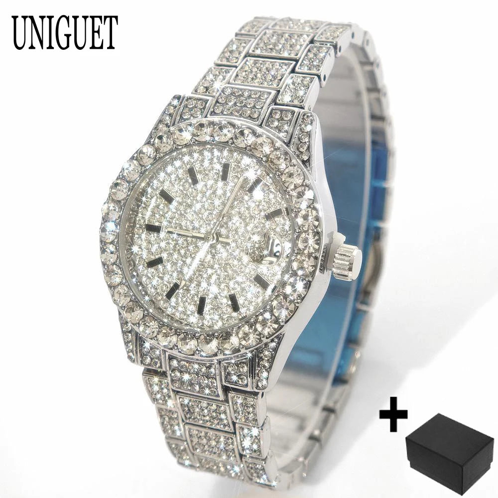 Hot Luxury Jewelry Watch For Women's UNIGUET Fashion Small Pink Dial Hip Hop Iced Diamond Quartz Wristwatch Small Size For Women