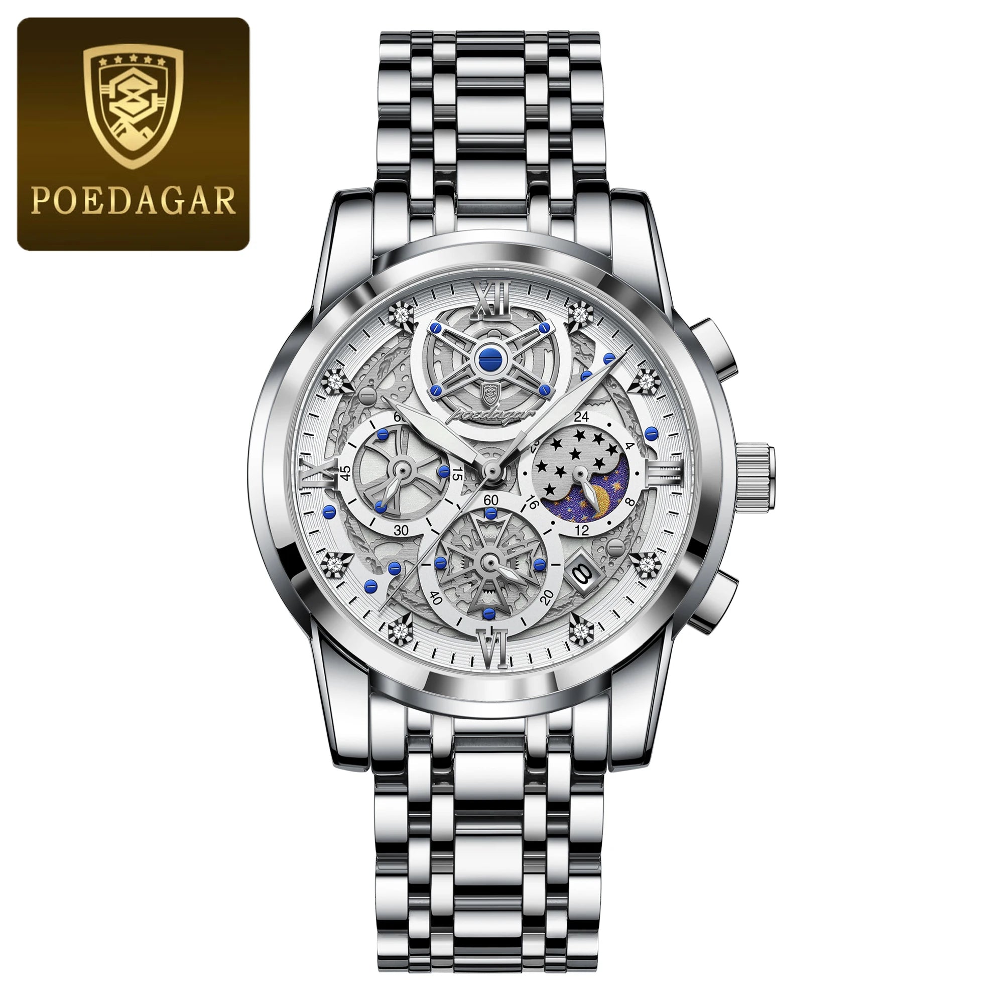 POEDAGAR Luxury Men's Quartz Watches Stainless Steel Date Chronograph Men Wristwatch Waterproof Luminous Fashion Man Watch Reloj
