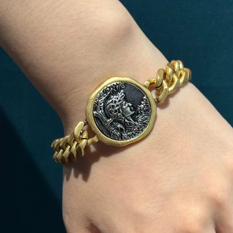 Vintage Gold Color Chain Bracelet For Jewelry Making Copper Beauty Portrait Ancient Round Coin Wide Women Wrist Accessories