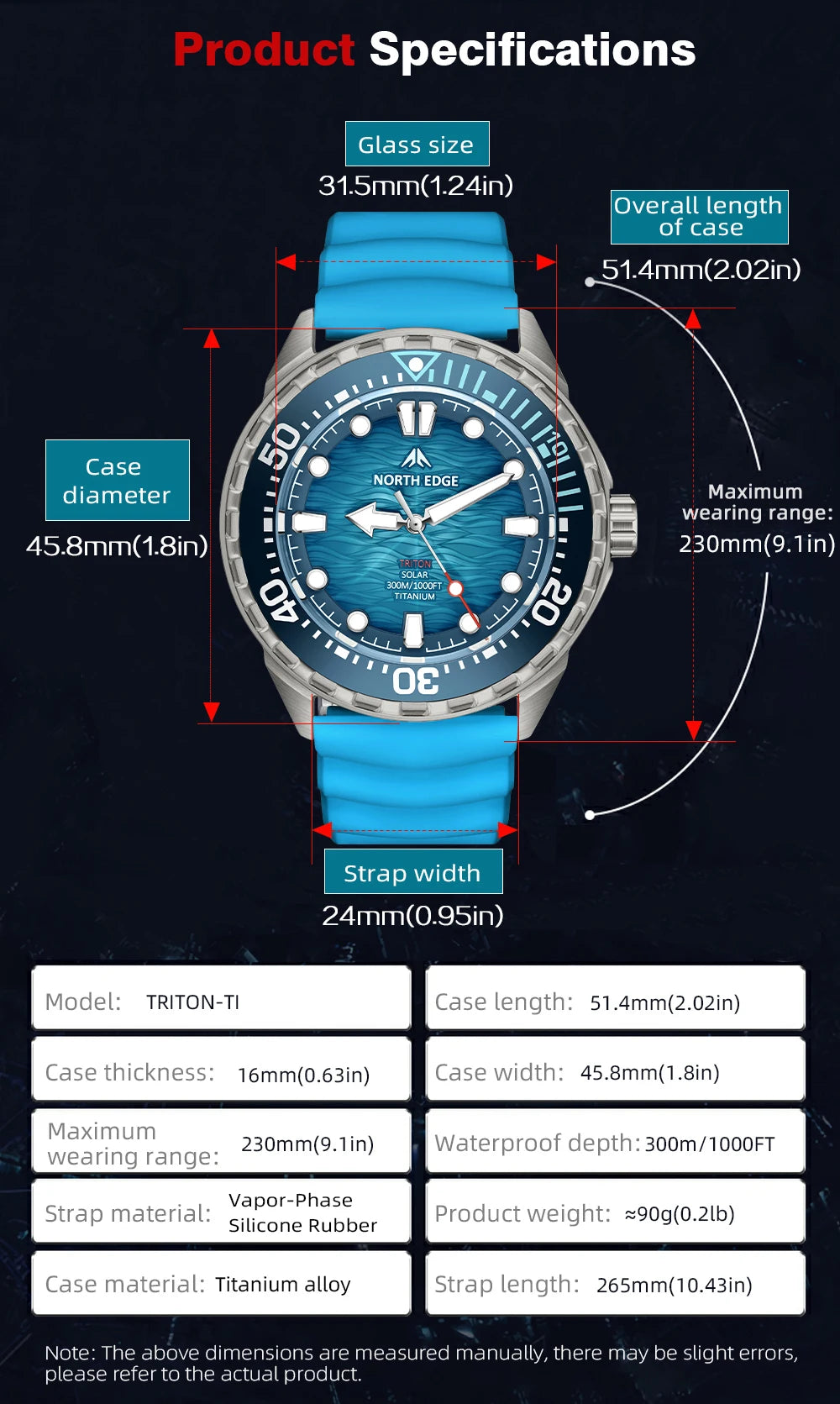 NORTH EDGE TRITON-TI Titanium Solar-Powered Diving Watch High Quality Quartz Watches for Man NEW 300M Waterproof Men Watch Reloj