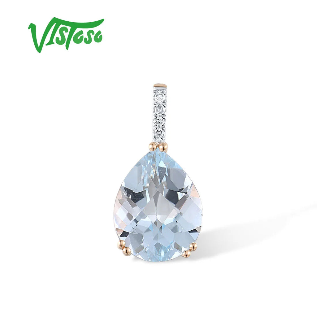 VISTOSO Genuine 14K 585 Rose Gold Pendant For Women Sparkling Pear Shape Natural Sky Blue Topaz Diamonds Daily Fine Jewelry