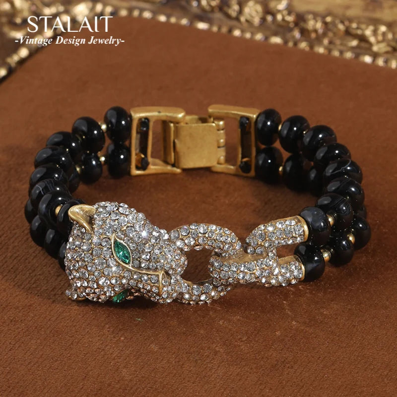 Vintage Leopard Black Beaded Bracelets For Women Natural Stones Rhinestone Luxury Jewelry Designers Bangle Girlfriend Gift 2025