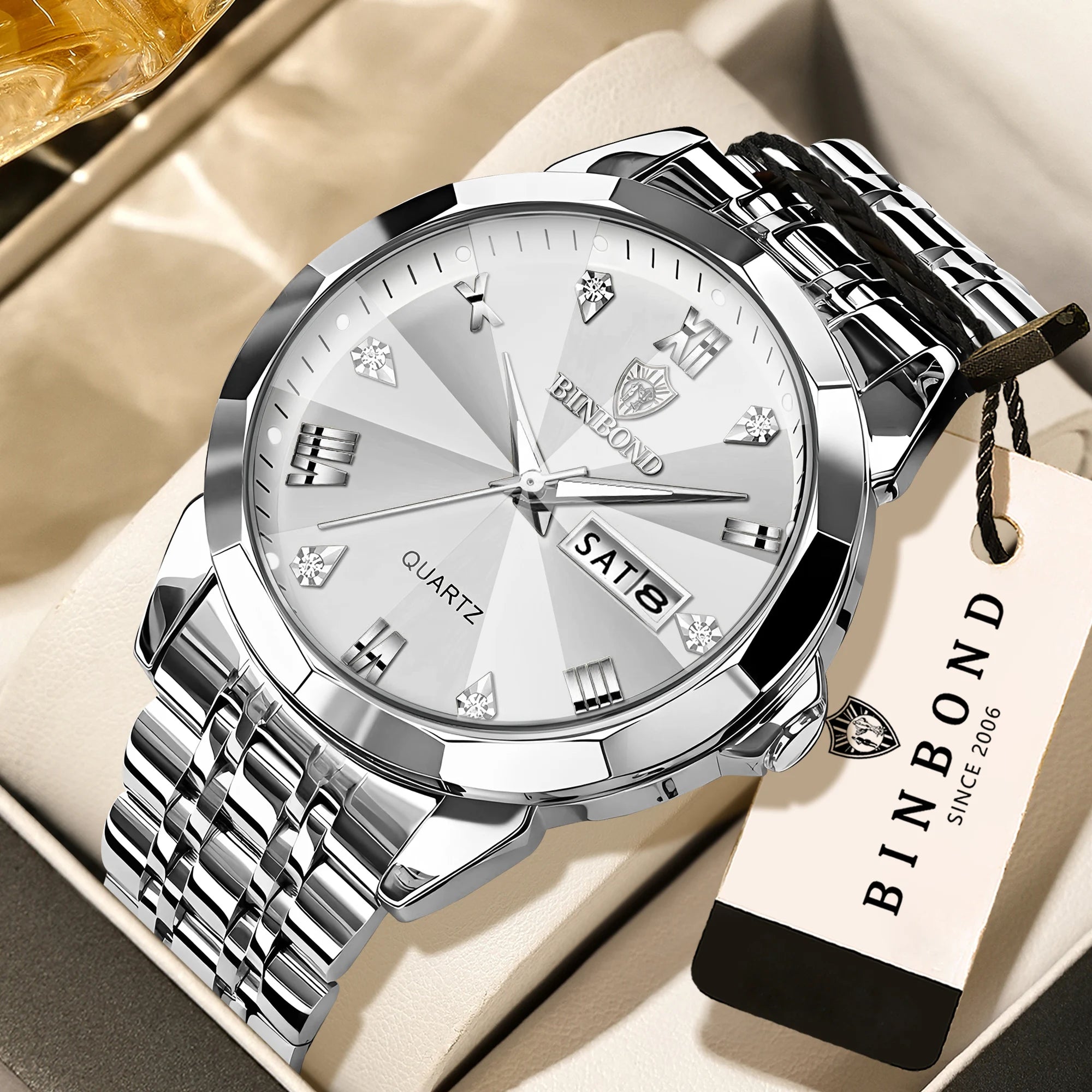 BINBOND Taper Glass Luxury Quartz Wristwatches For Men Luminous Waterproof Precise Durable men's Watch Stainless Steel Reloj