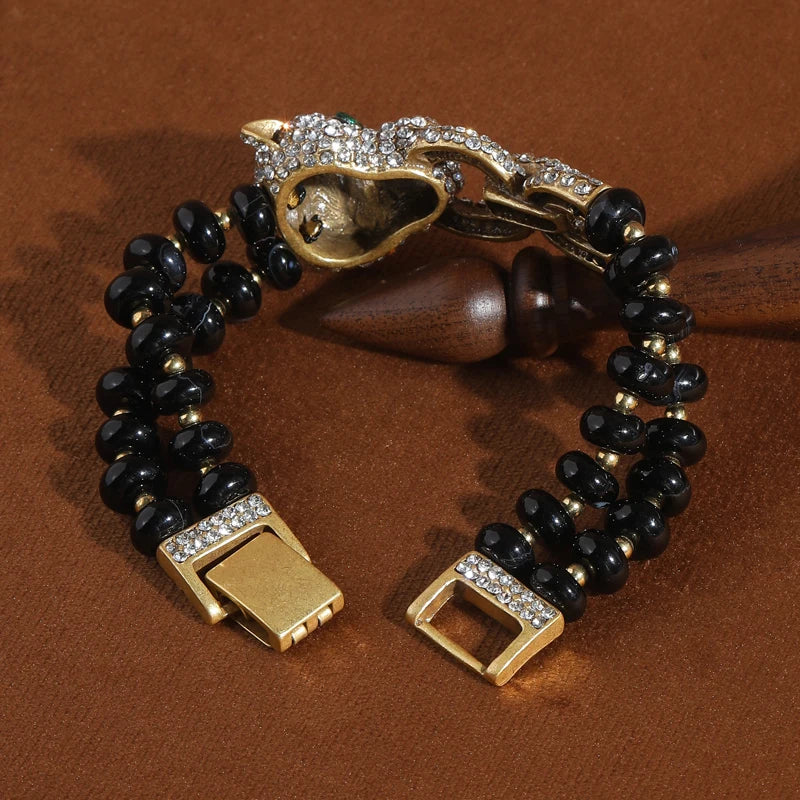 Vintage Leopard Black Beaded Bracelets For Women Natural Stones Rhinestone Luxury Jewelry Designers Bangle Girlfriend Gift 2025