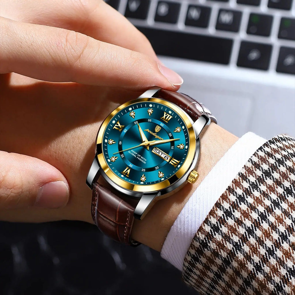POEDAGAR Top Luxury Man Watch Date Week Waterproof Luminous Leather Men Wristwatch Casual Male Clock Sports Men's Quartz Watches