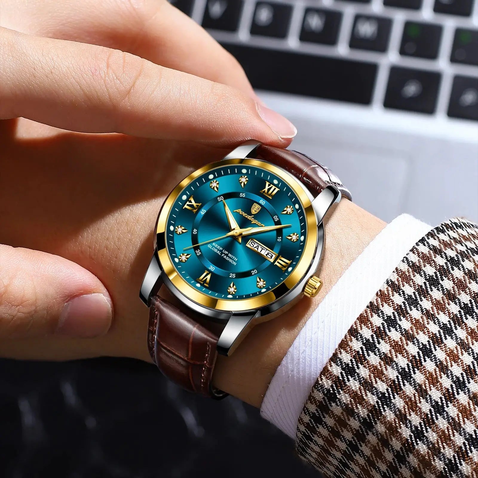POEDAGAR Top Luxury Man Watch Date Week Waterproof Luminous Leather Men Wristwatch Casual Male Clock Sports Men's Quartz Watches