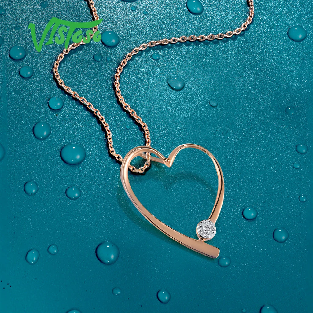 VISTOSO Gold Pendants For Women Pure 14K 585 Rose Gold Love Heart Sparkling Diamond Geometric Wedding Gifts Trendy Fine Jewelry