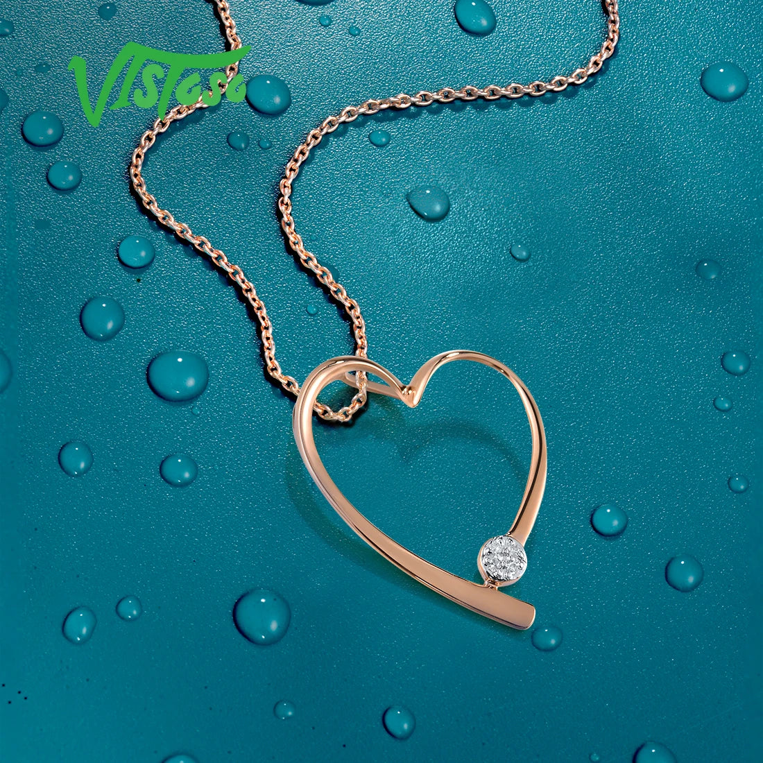 VISTOSO Gold Pendants For Women Pure 14K 585 Rose Gold Love Heart Sparkling Diamond Geometric Wedding Gifts Trendy Fine Jewelry