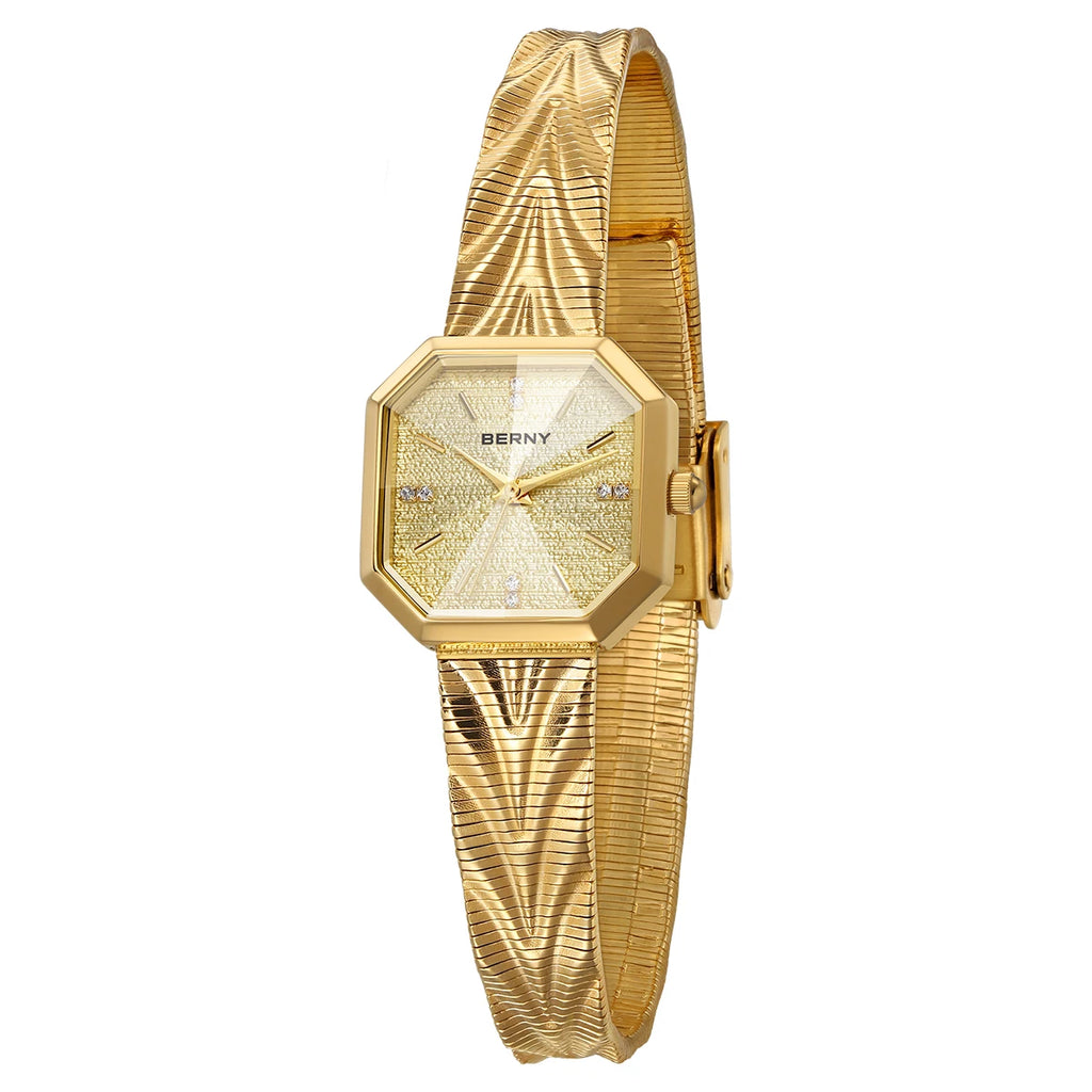 BERNY Gold Watch for Women Grit Dial Octagonal Ladies Quartz Wristwatch Stainless Steel Women Small Golden Watch Luxury Watches