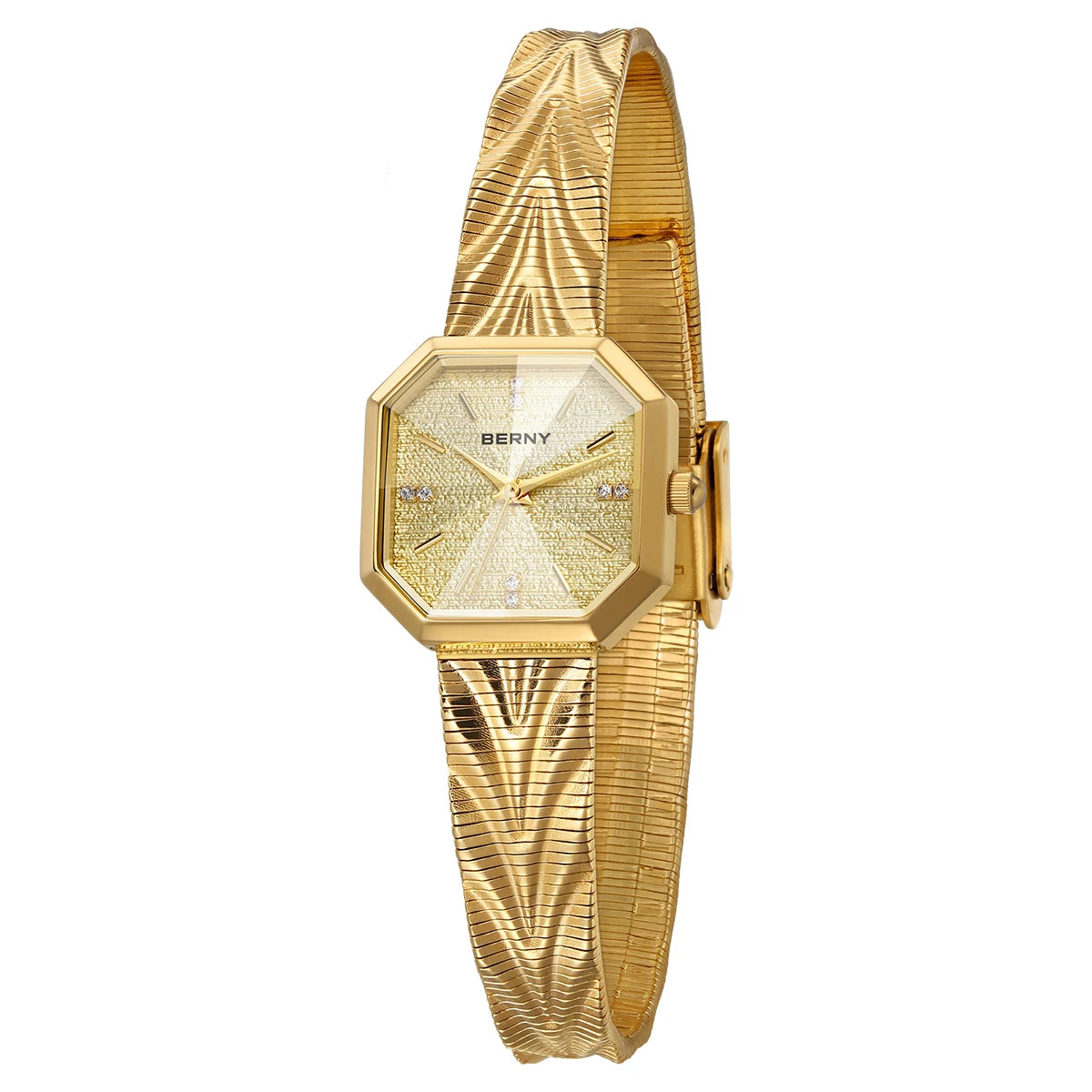 BERNY Gold Watch for Women Grit Dial Octagonal Ladies Quartz Wristwatch Stainless Steel Women Small Golden Watch Luxury Watches