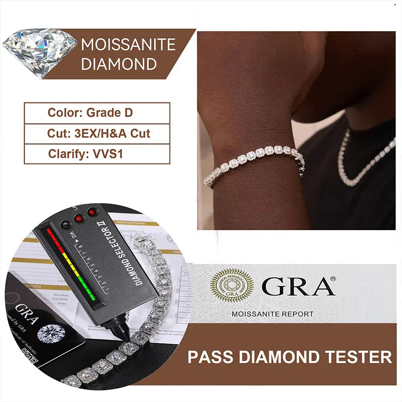 TUHE Unisex Cuban Chain 6mm Width Chain S925 Bracelet VVS1 Moissanite With Certificate For Men Hip Hop Jewelry Gift