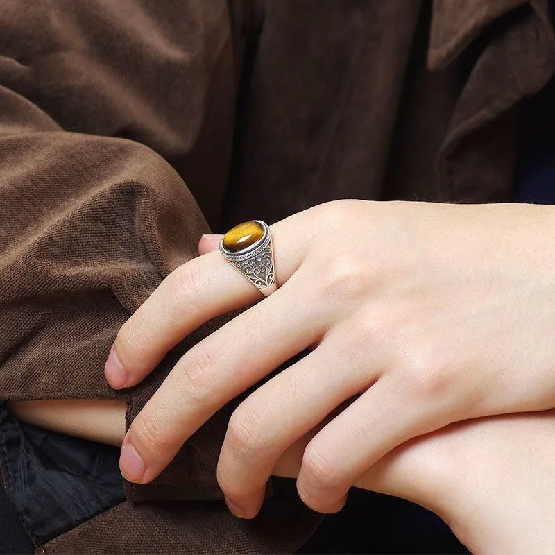 925 Sterling Silver Vintage Natural Tiger's Eye Stone 10*14MM Retro Style Large Stone Finger Rings Fine Jewelry For Men